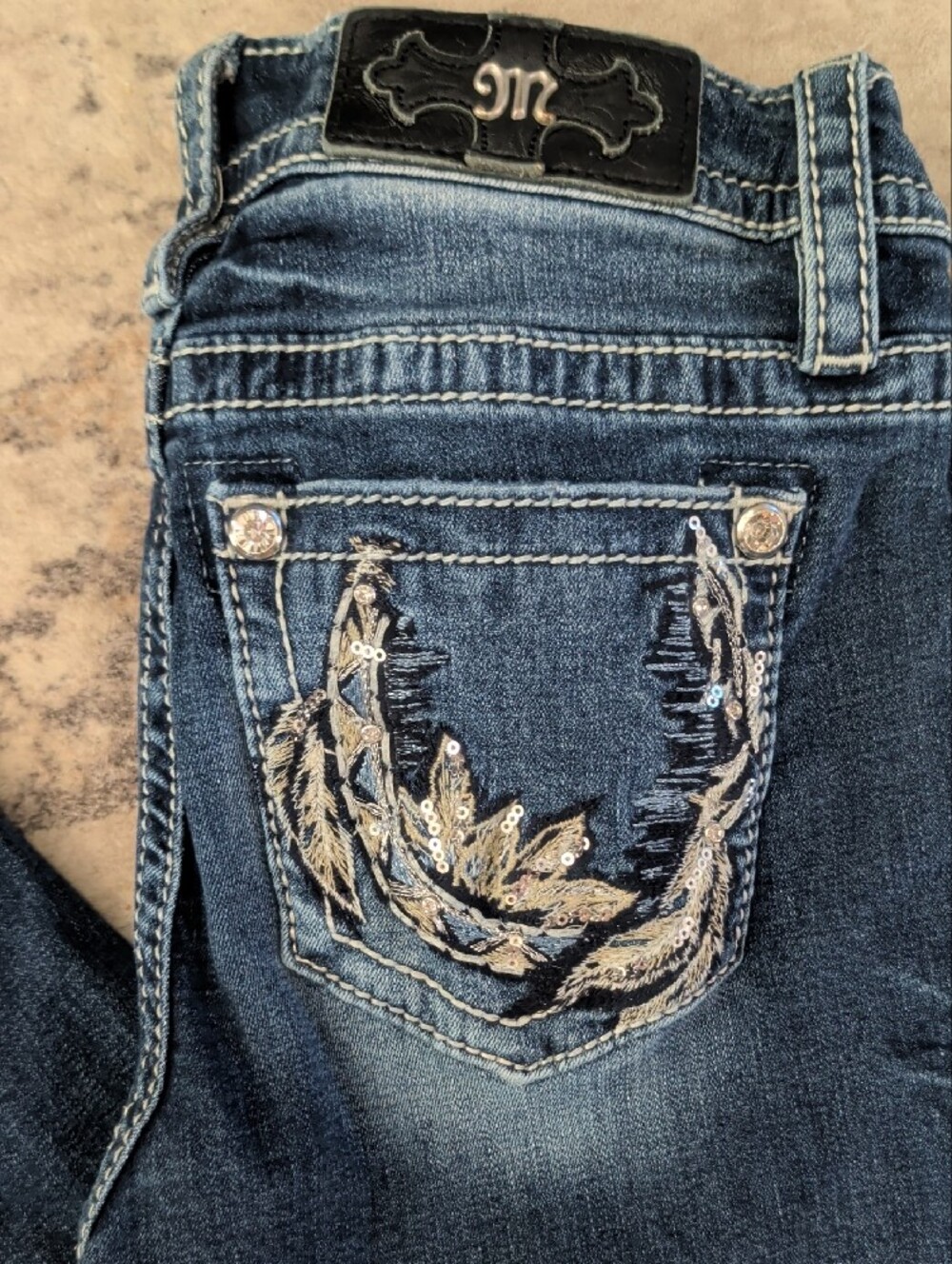 Miss Me Dark Blue Bootcut Jeans with Contrast Stitching - Picture 4 of 5